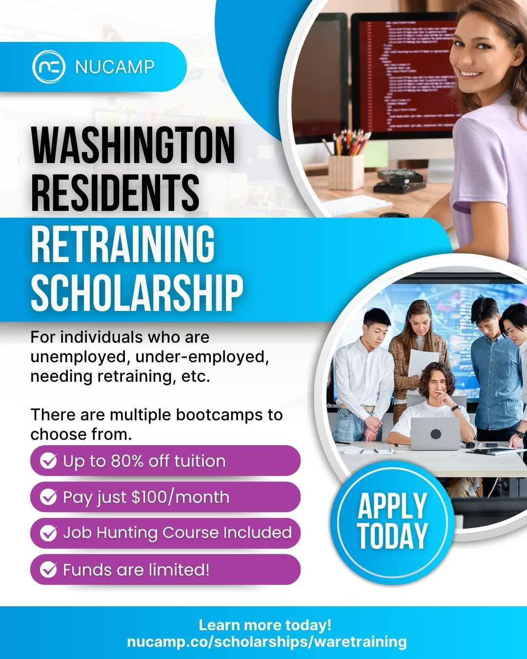 Nucamp Facebook ad: Nucamp Scholarship with WA Retraining - Apply Now!