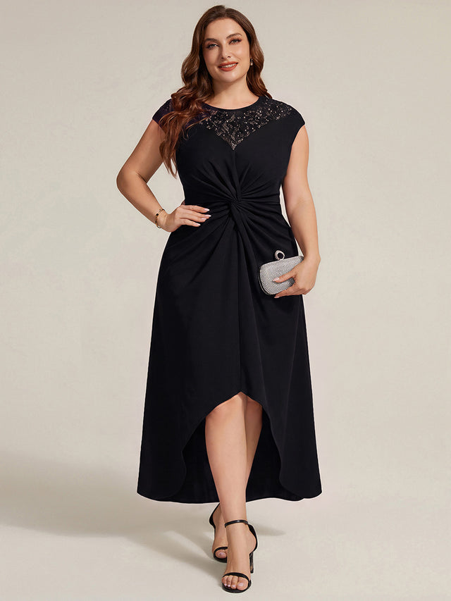 Ever-Pretty.com Facebook ad: Plus Size Knot Detail High Low Wedding Guest Dress