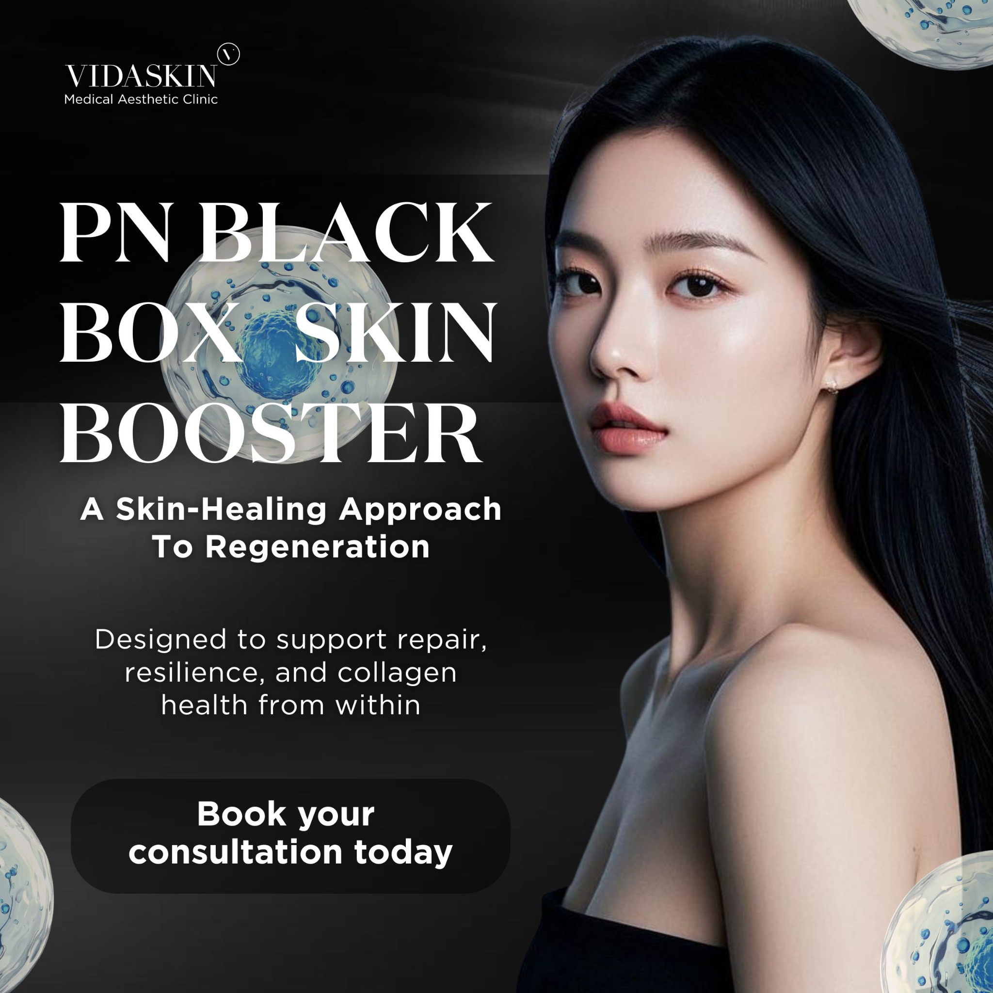 VIDASKIN Medical Aesthetic Clinic Facebook ad: Meet PN Black Box Skinbooster, a skin-healing and…