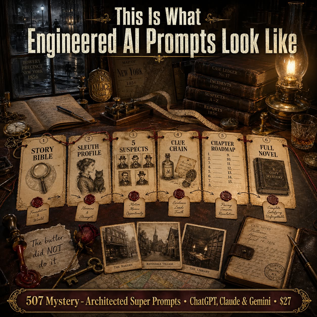 Armchair Mystery Empire Facebook ad: 507 AI Prompts That Write Complete Mystery Novels For You