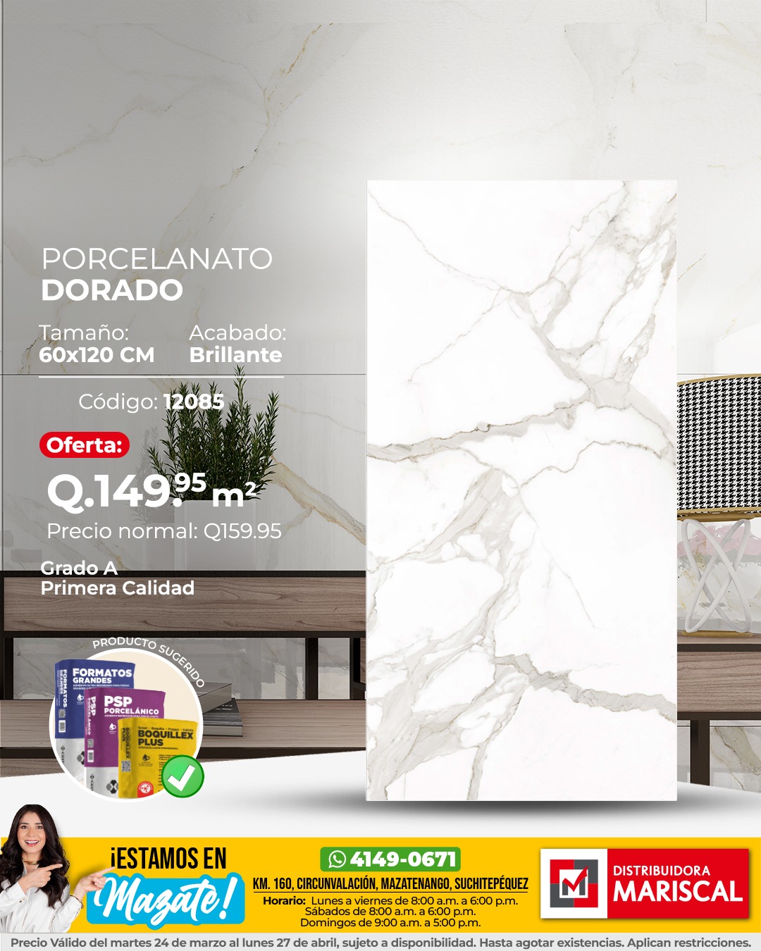 Distribuidora Mariscal Facebook ad: Porcelanato Importado Dorado 60x120cm a Q.149.95 por m²