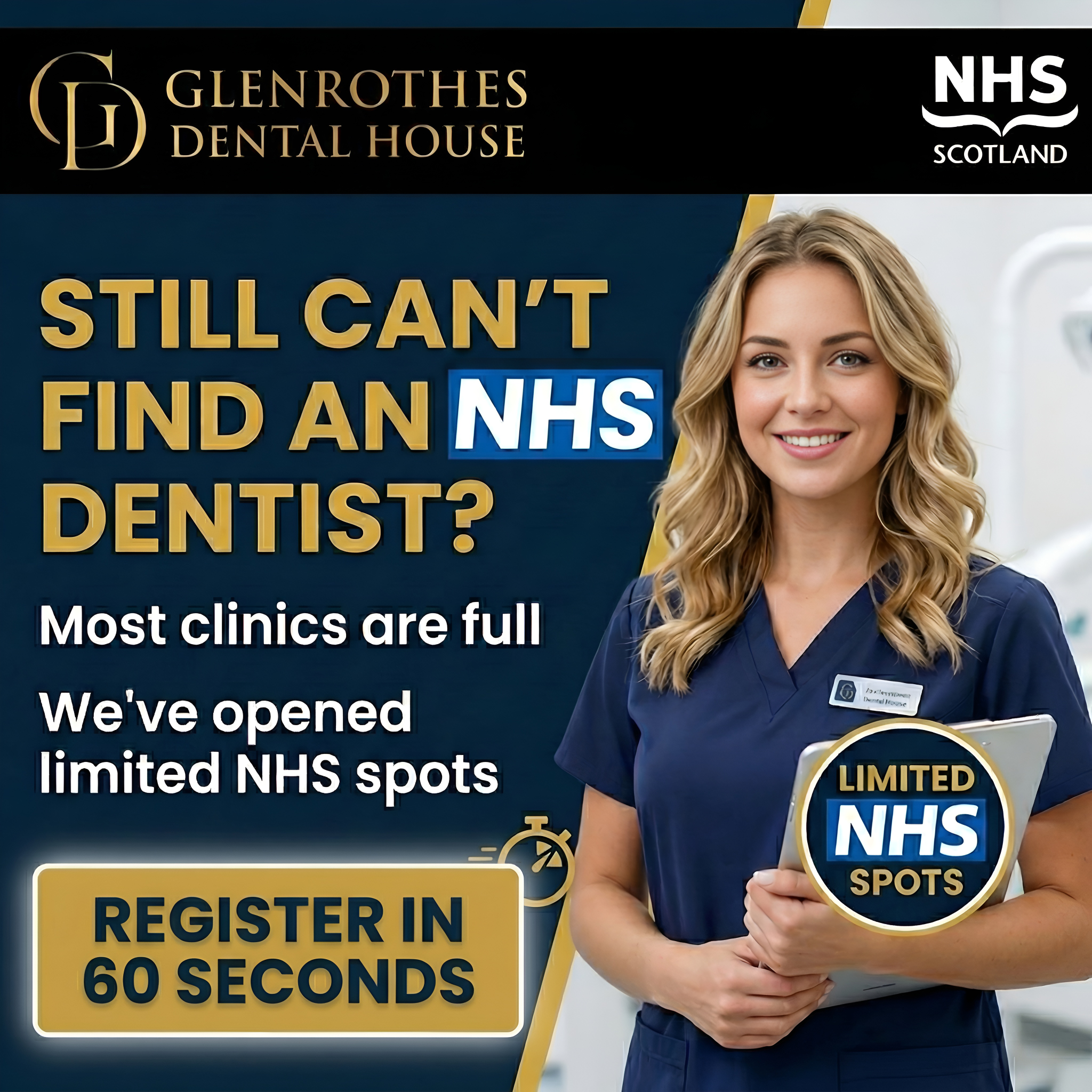 Glenrothes Dental House Facebook ad: NHS Books OPEN in Glenrothes