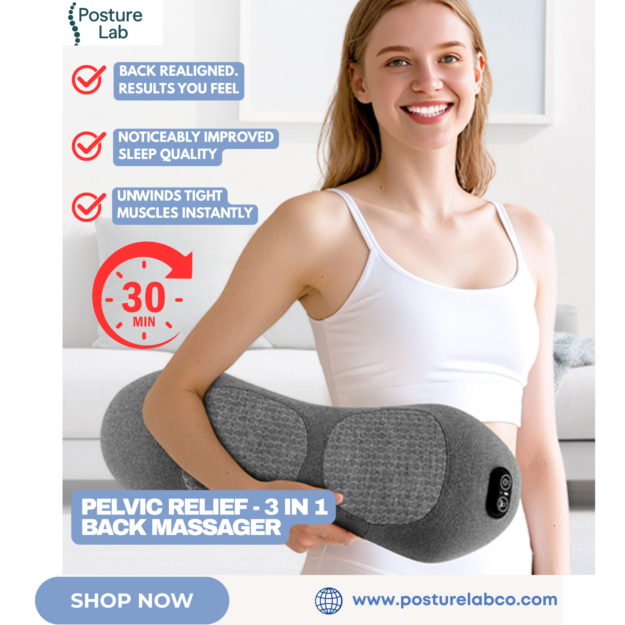 PostureLab Co Facebook ad: Eliminate Back Pain With The Pelvic Relief 3-in-1 Back…