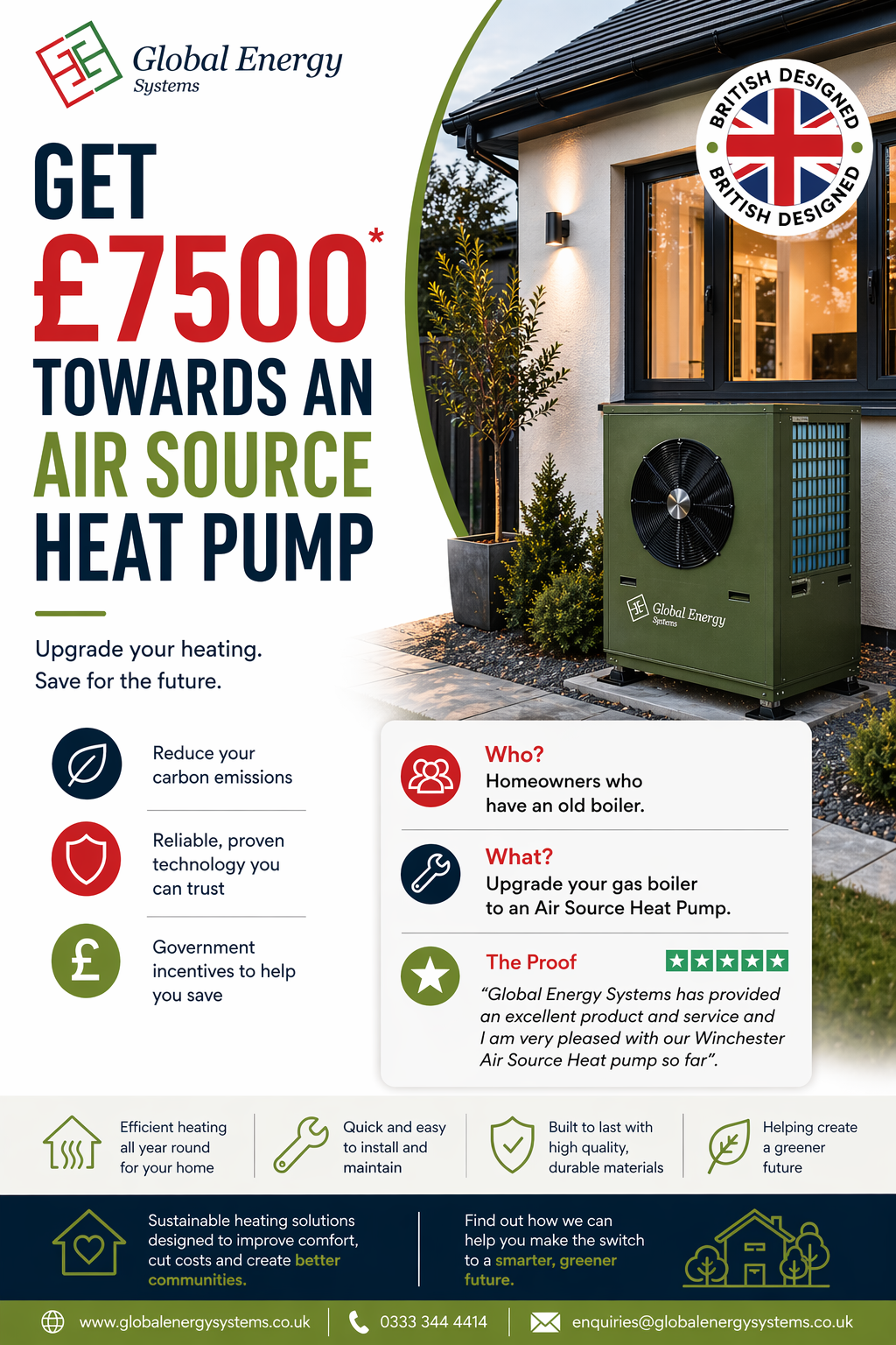 Global Energy Systems Limited Facebook ad: Get Up to £7,500 Towards a Heat Pump