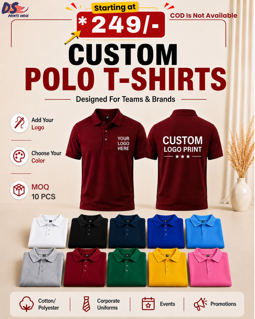 DS Prints India Facebook ad: Custom Logo T-Shirts @ ₹249 /Piece