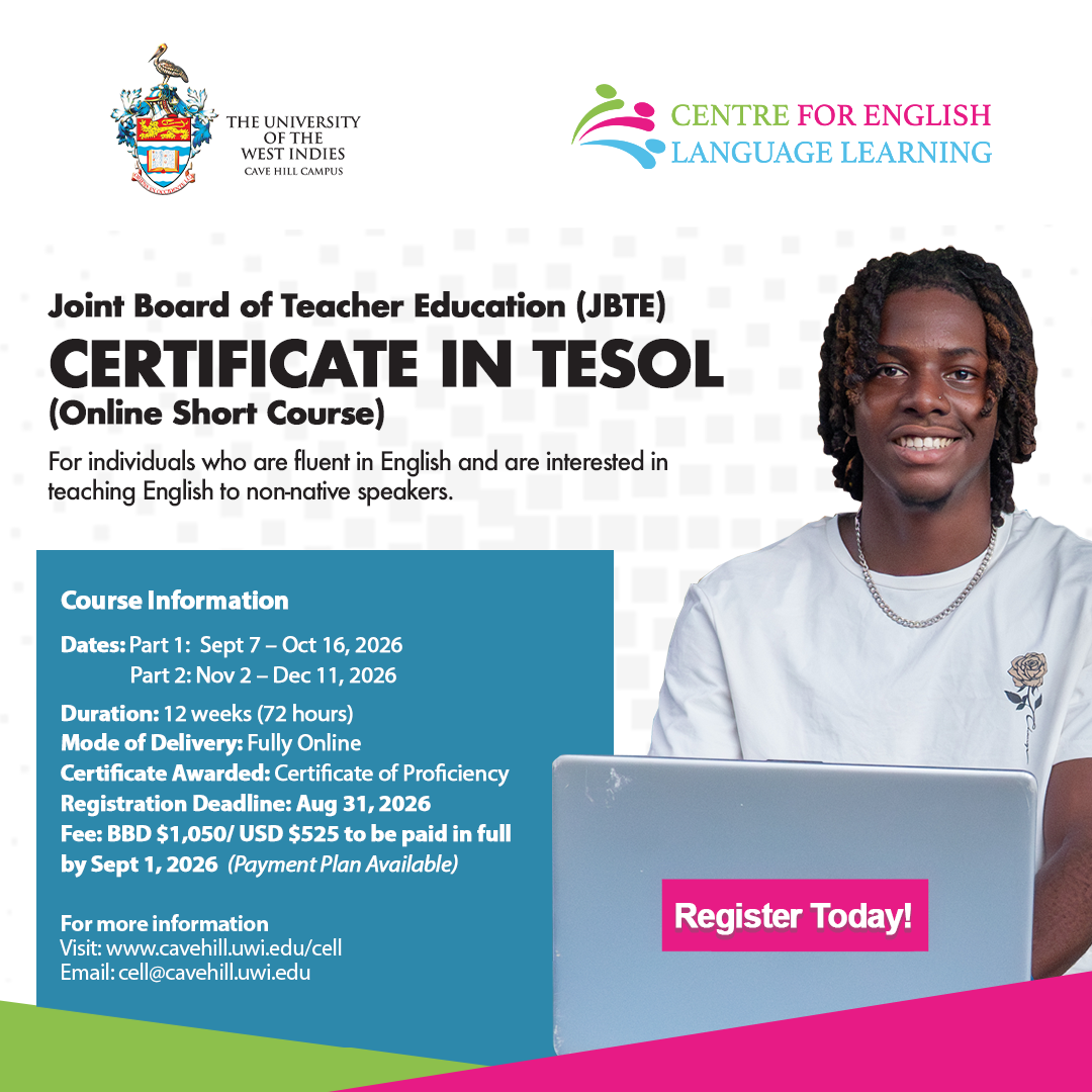 Centre for English Language Learning, The UWI Cave Hill Facebook ad: Earn Your Certificate in TESOL at The UWI | Online Short…