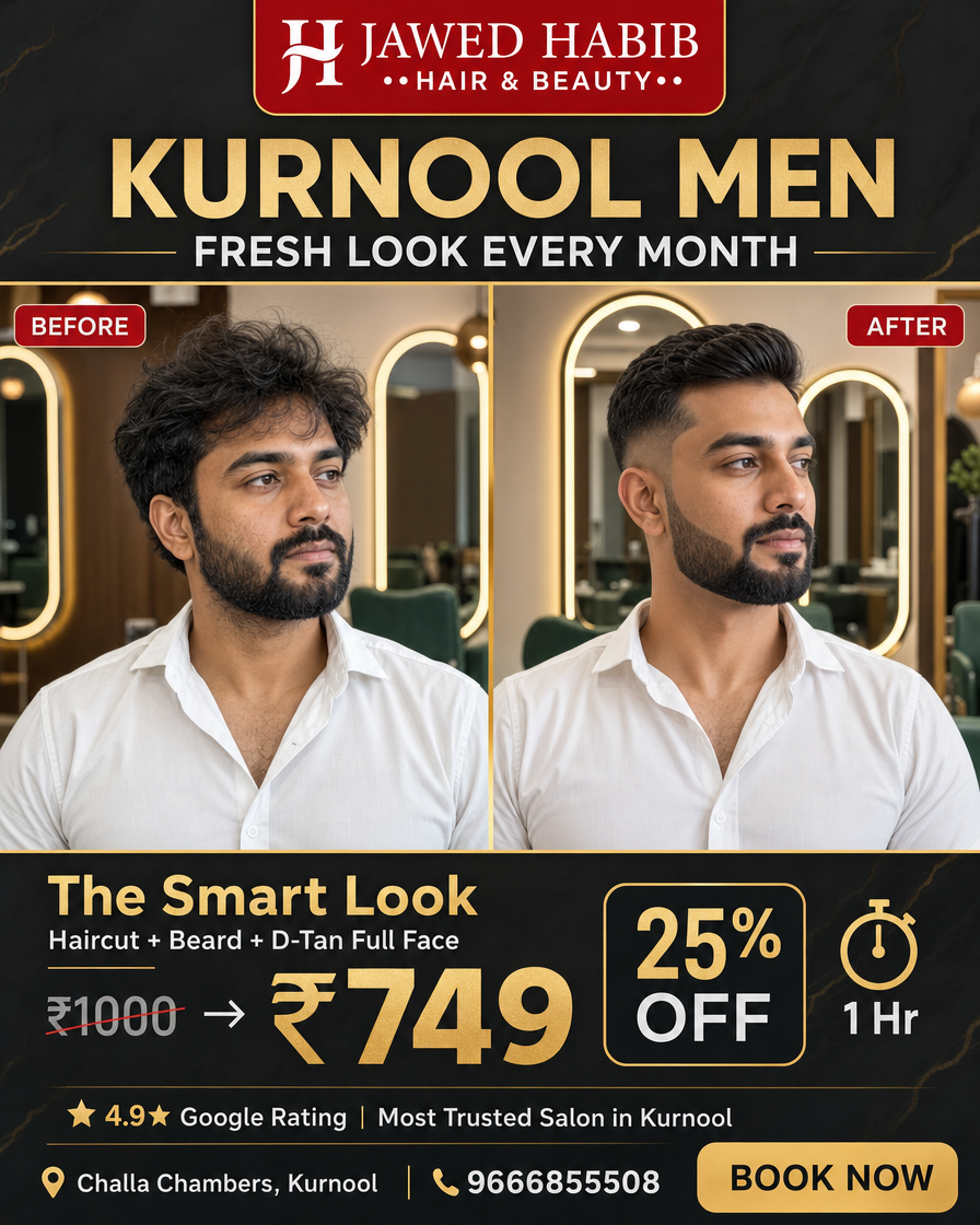 Jawed Habib Hair & Beauty Salon - Kurnool Facebook ad: Kurnool's #1 Rated Men's Grooming!