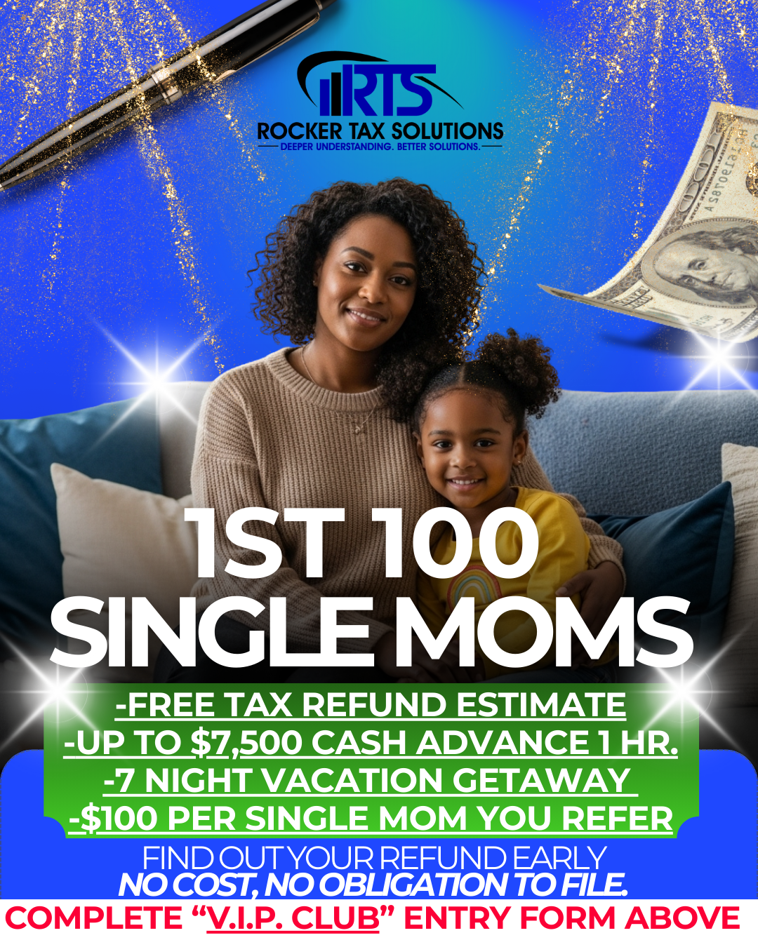 Rocker Tax Solutions Facebook ad: Join The SIngle Mom Tax Filing V.I.P. Club