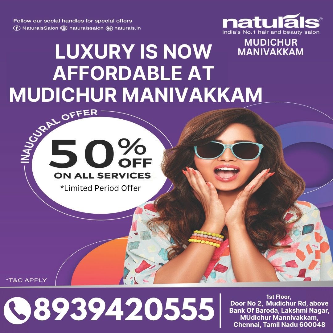 Naturals Salon Manivakkam Facebook ad: 50% OFF on All Salon Services