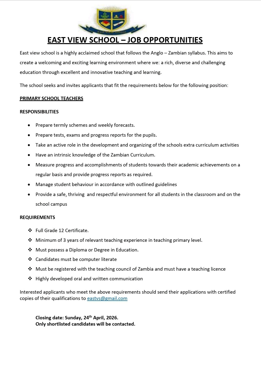 East View School Limited Facebook ad: EVS JOB OPPORTUNITIES