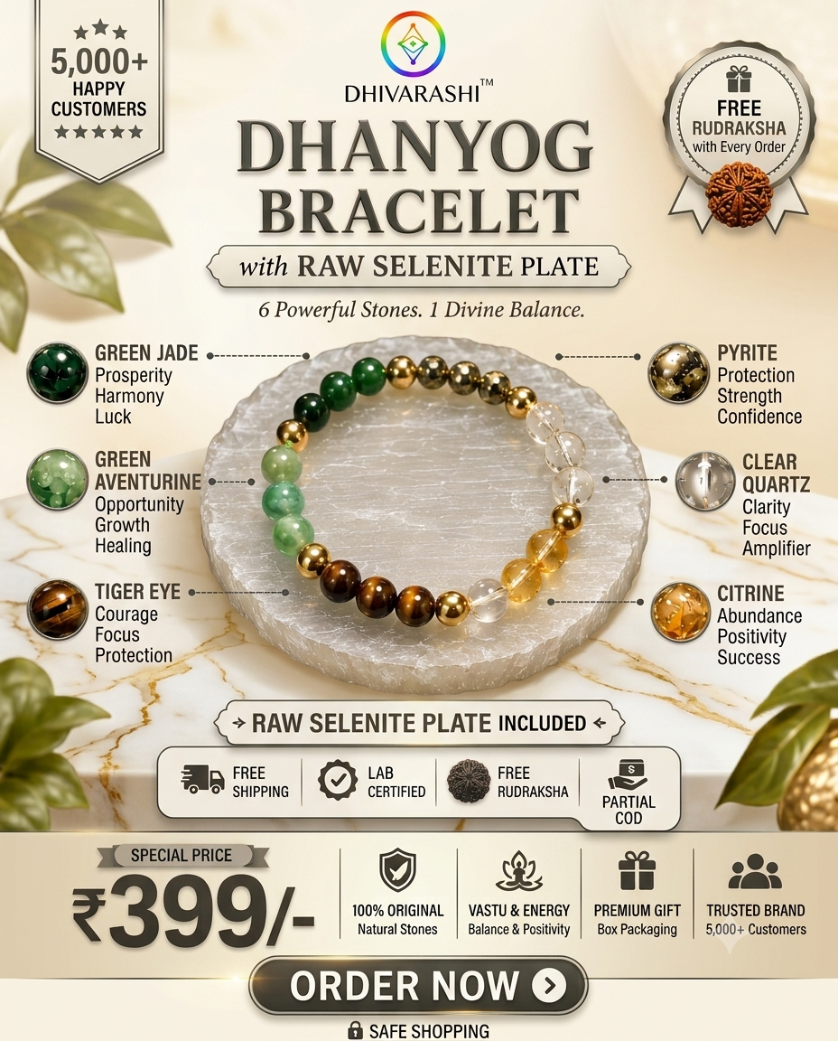 Dhivarashi Facebook ad: Dhanyog Bracelet + Raw Selenite Plate | ₹399