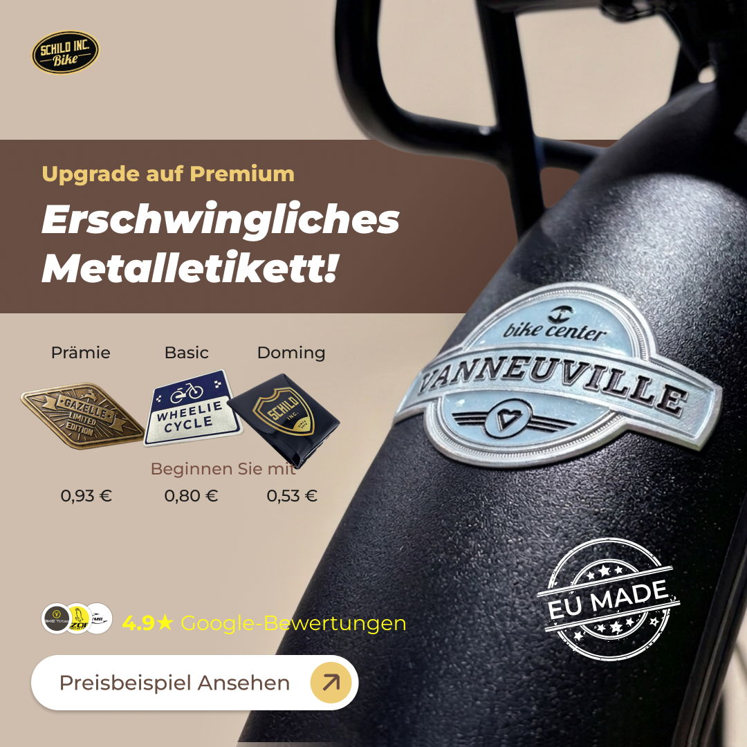 Schild Inc. Facebook ad: Premium-Metalletiketten für Ihren Shop