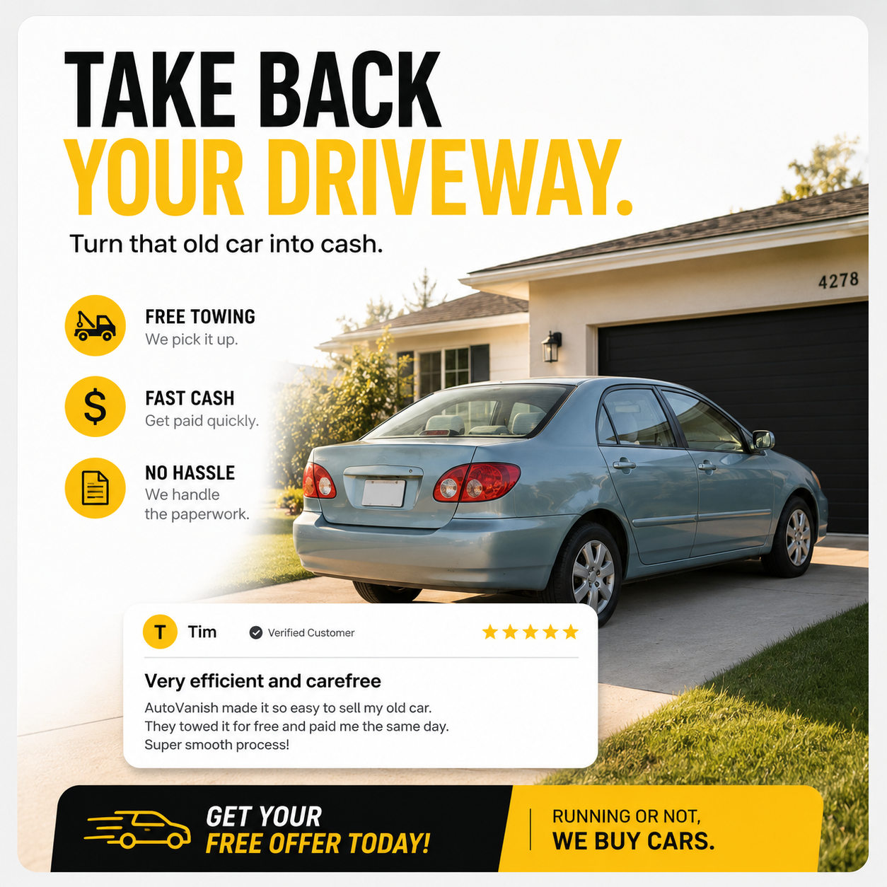 AutoVanish Facebook ad: Take Back Your Driveway.