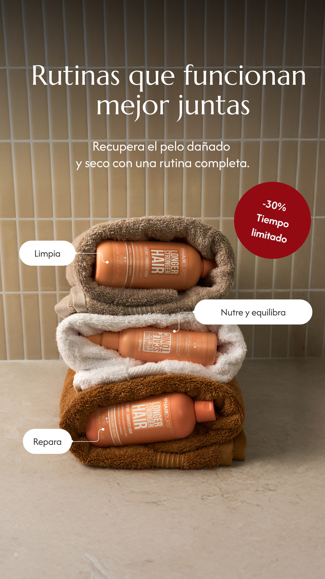 Hairburst España Facebook ad: -30% en packs