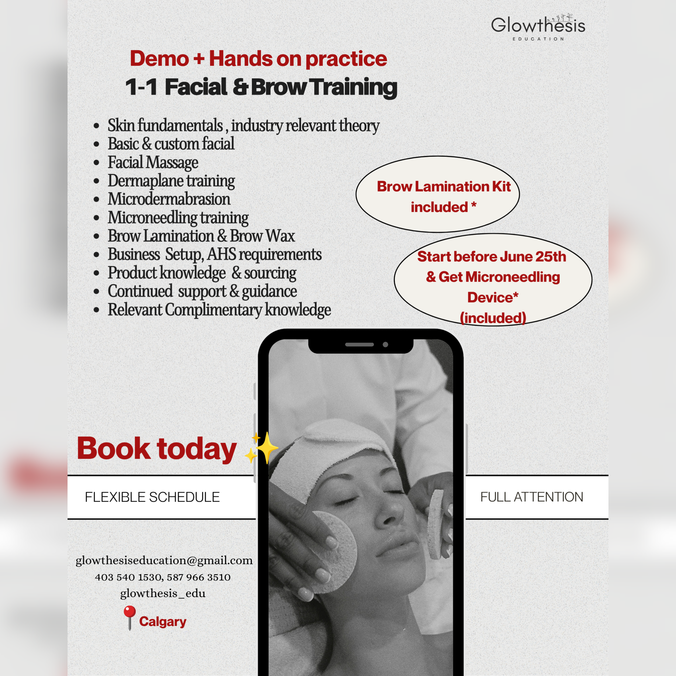 Glowthesis Skin, Brow bar & Education Facebook ad: Clinical Skin Services, brow lamination + Tint, PMU…