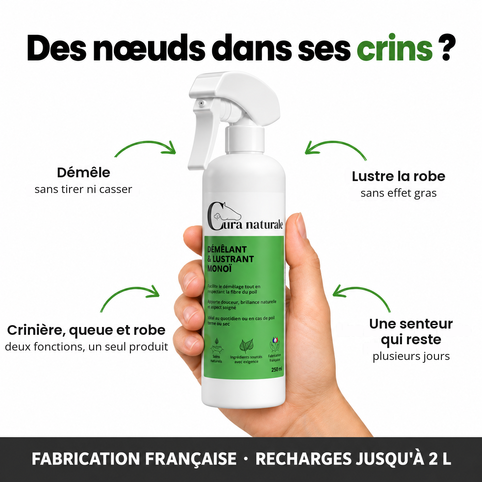 Cura naturale Facebook ad: Démêlant & lustrant pour cheval · Note 4,8/5