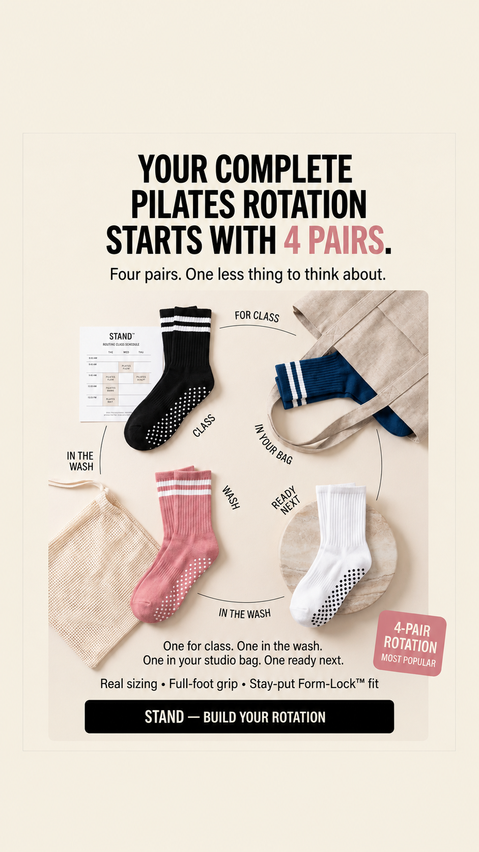 Stand Pilates Facebook ad: One pair is never where you need it.