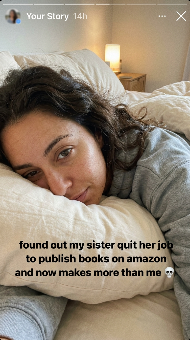 Fiction Profits Academy Facebook ad: my sister is out-earning me from her couch