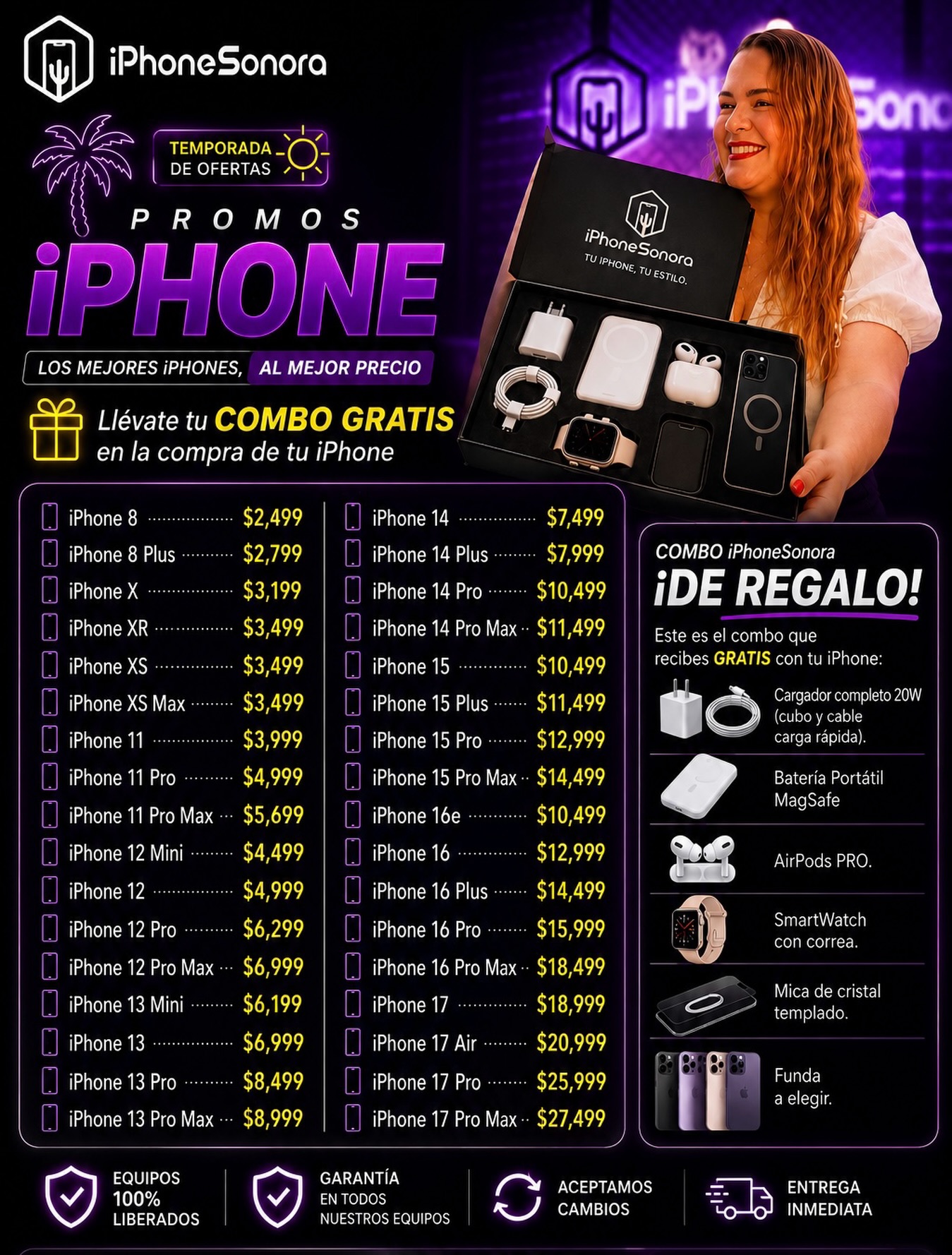 IPhoneSonoramx Facebook ad: iPhones desde $2,499 + COMBO IPHONESONORA GRATIS