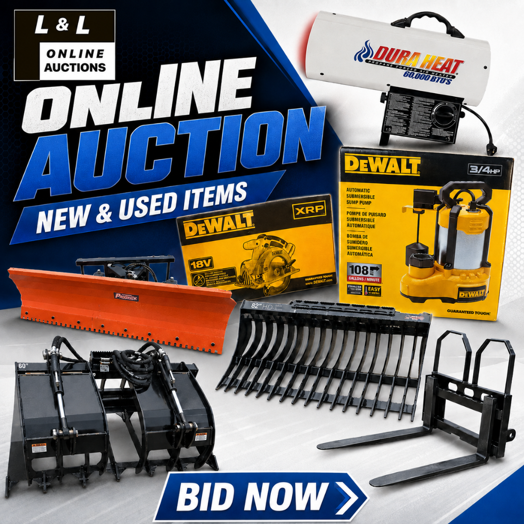 K-BID Equipment & Industrial Auctions Facebook ad: For Sale ~ SKID STEER ATTACHMENTS • POWER…
