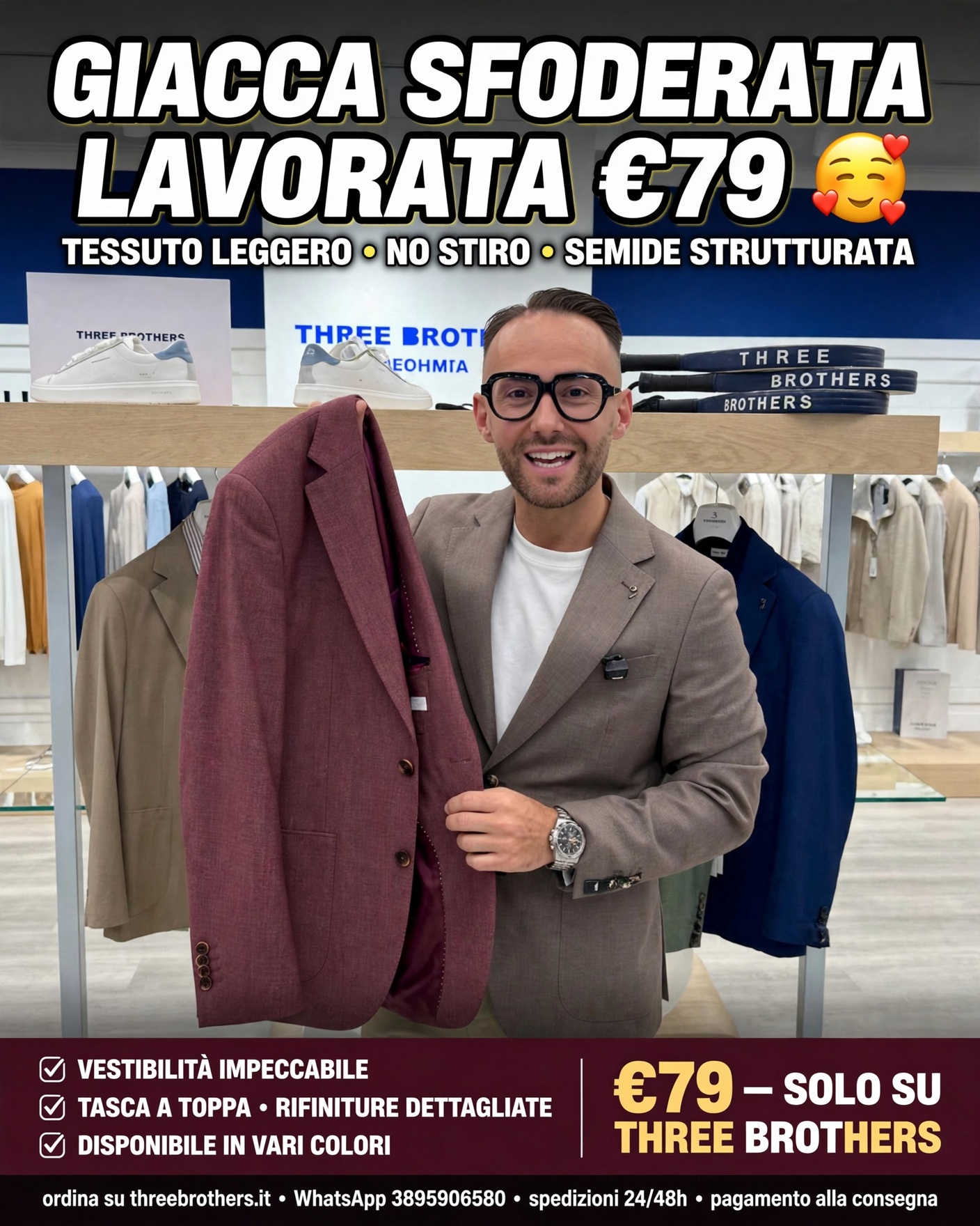 Three Brothers Formia Facebook ad: GIACCA LAVORATA €79