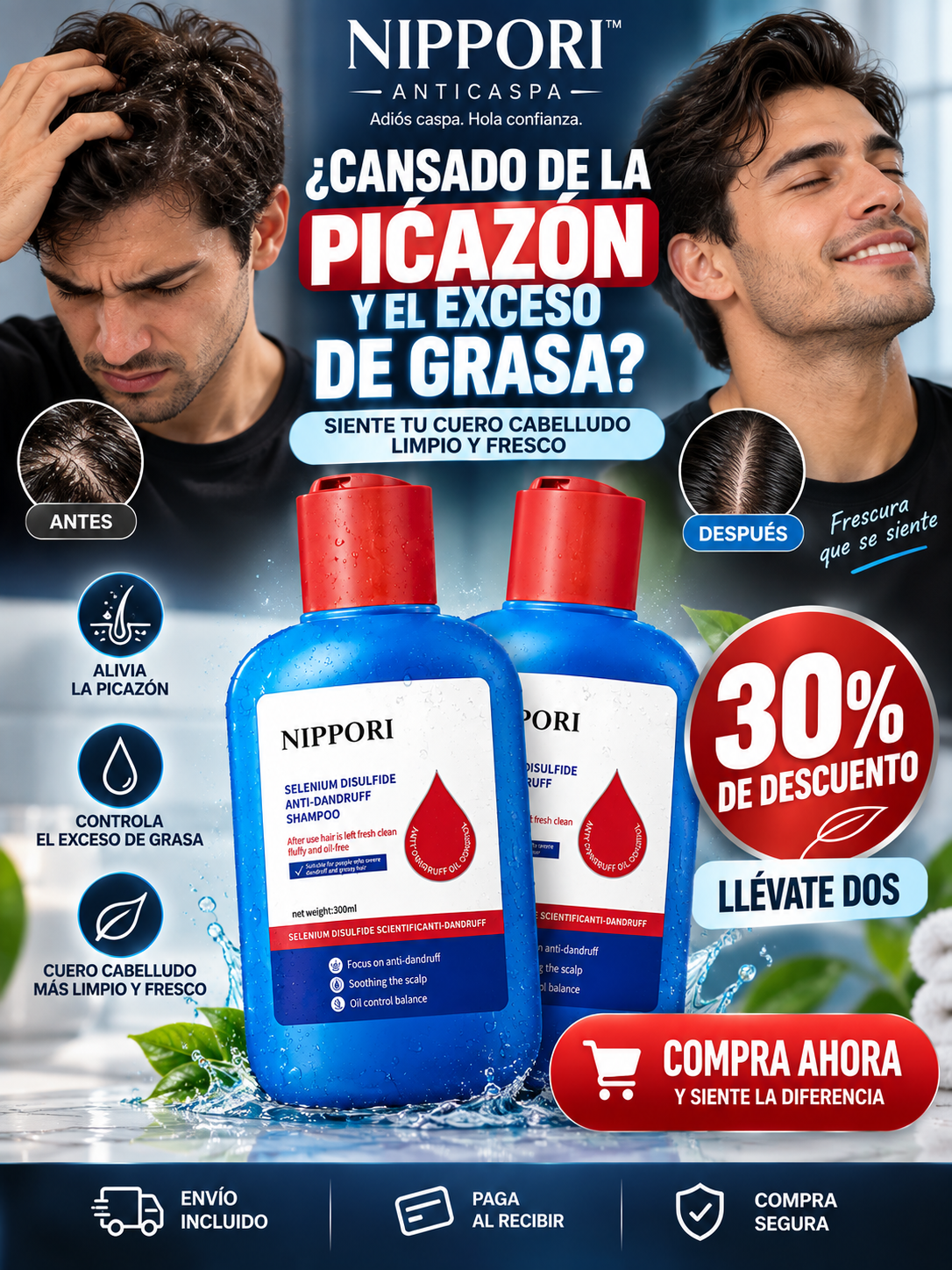 Emay Facebook ad: Lleva 2 Nippori Anticaspa y obtén 30% de descuento.