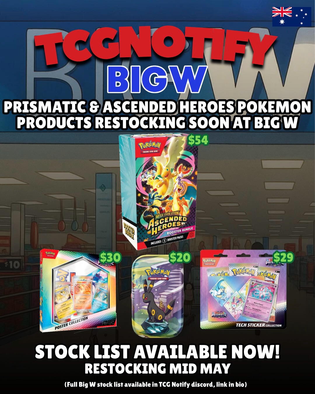 tcg.notify Facebook ad: BigW Stores across Australia are Restocking Pokemon…