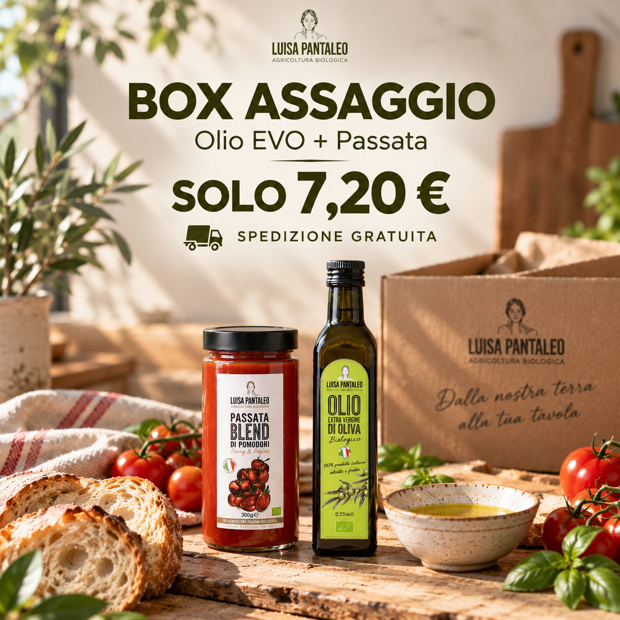 Pantaleo Agricoltura Facebook ad: Box Assaggio: olio EVO + passata a 7,20 €