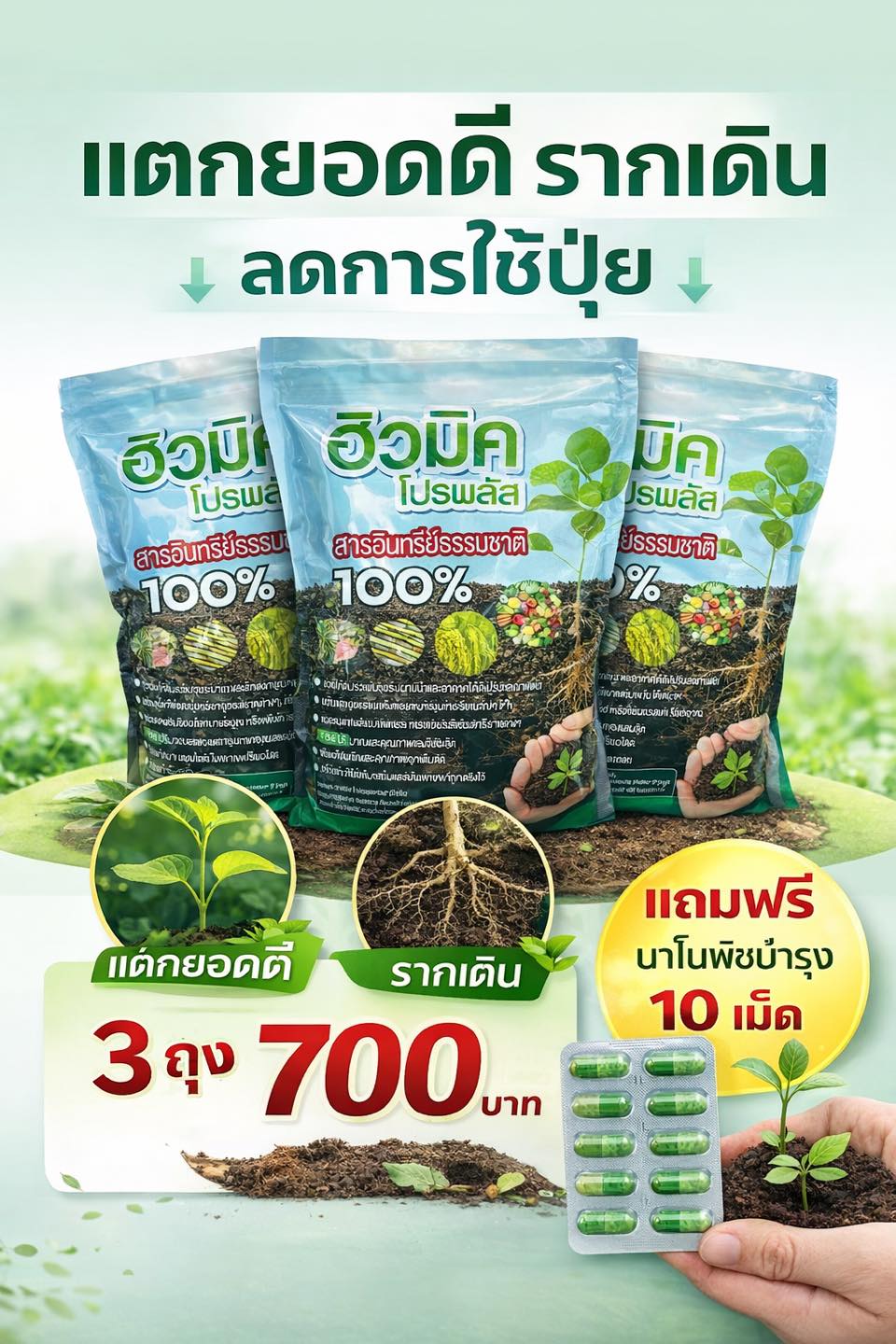 ฮิวมิคโปรพลัส แร่ธาตสำหรับดินและพืช Facebook ad: แตกยอดดี รากเดินแรง