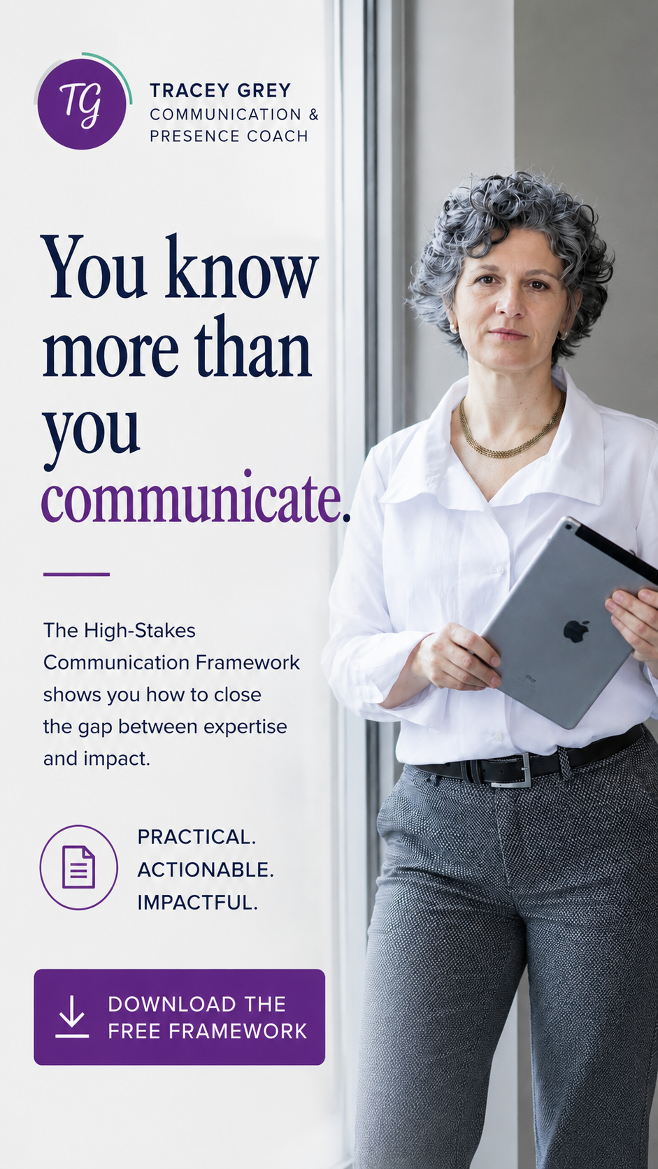 Tracey Grey I Executive Coaching Facebook ad from Aug 13, 2026