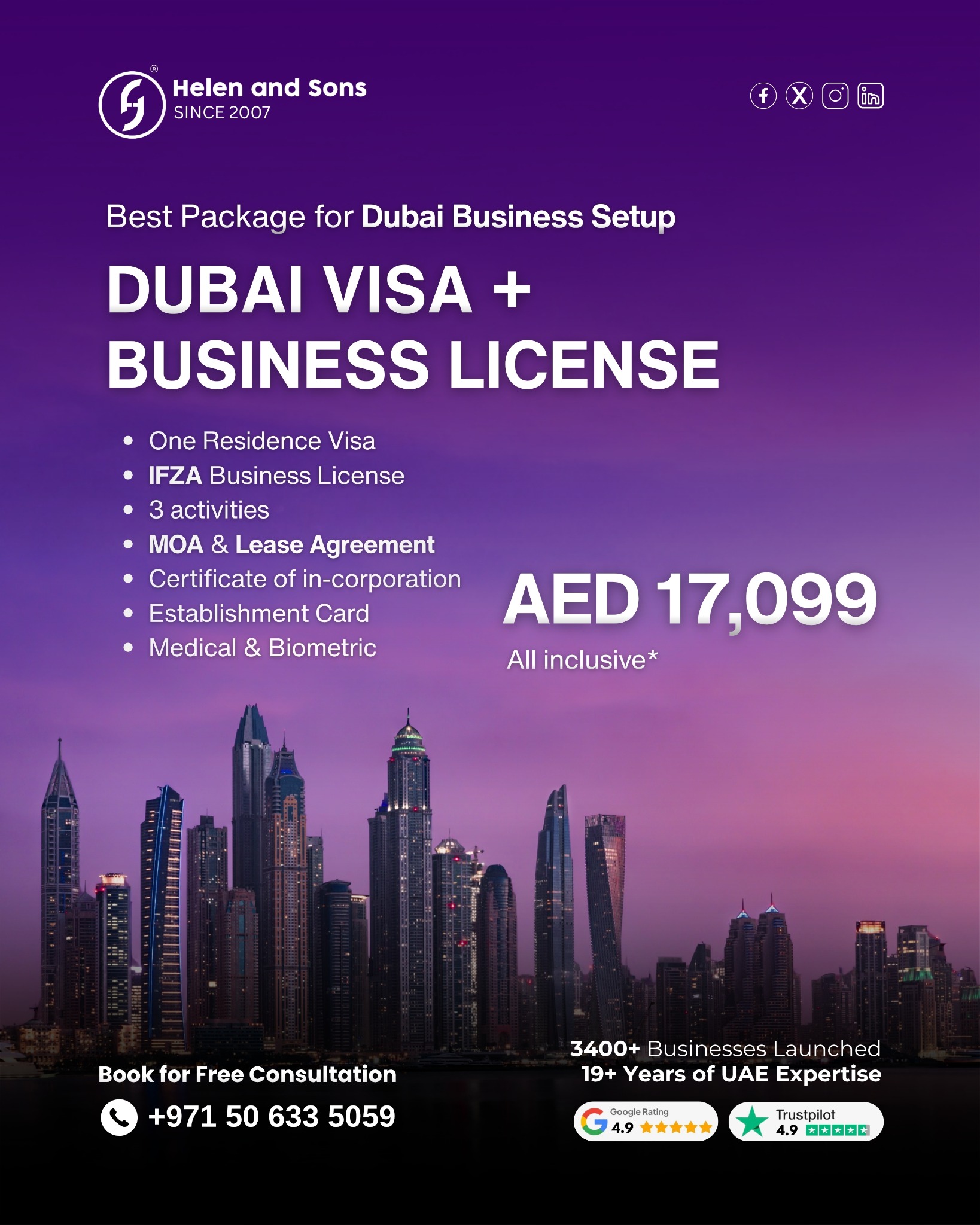 Helen and Sons Business Setup Facebook ad: Dubai Business Setup + Residence Visa, AED 17,099