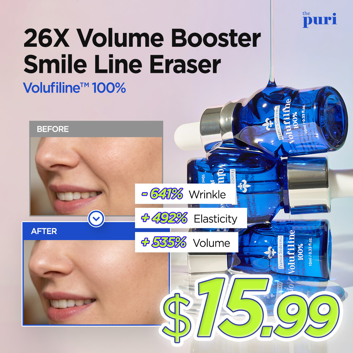 Thepuri Facebook ad: 26X Volume Booster, Volufiline 100%