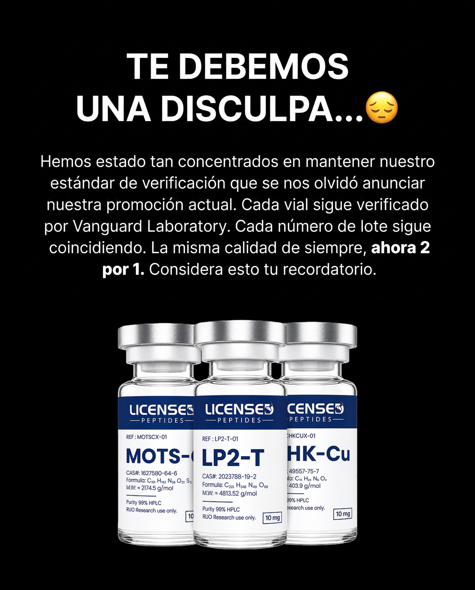 Licensedpeptides.com Facebook ad: OFERTA 2 POR 1, POR TIEMPO LIMITADO