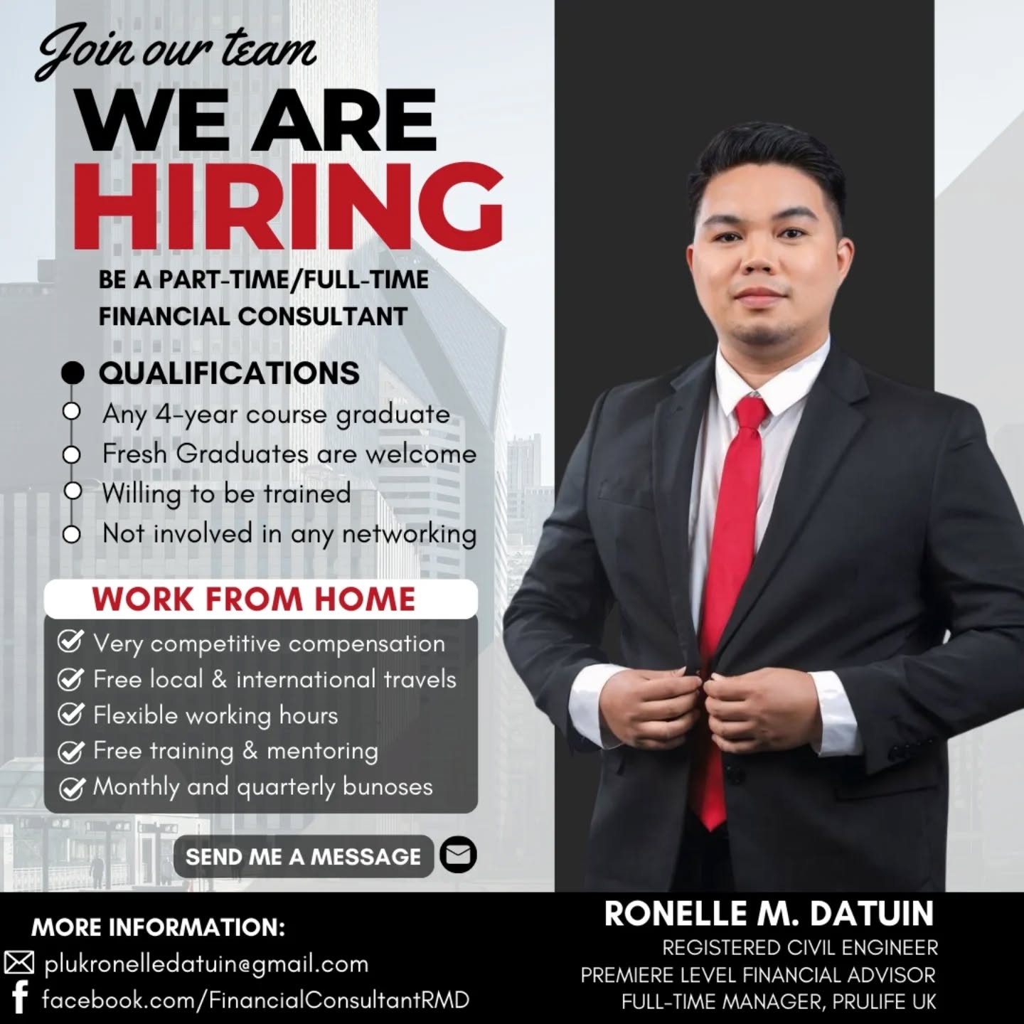 Engr. Ronelle Datuin, Licensed Financial Consultant, RCE Facebook ad: 𝗪𝗘 𝗔𝗥𝗘 𝗛𝗜𝗥𝗜𝗡𝗚 FINANCIAL ADVISORS.