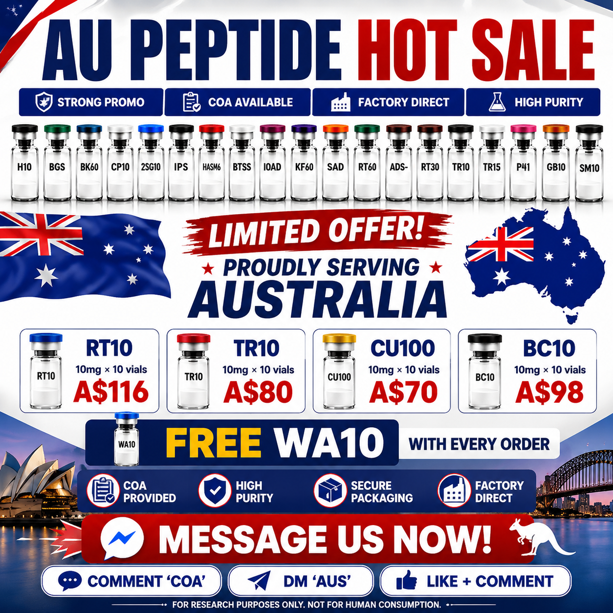 AU Peptide Research Supply Facebook ad: PEPTIDE HOT SALE, LIMITED OFFER!