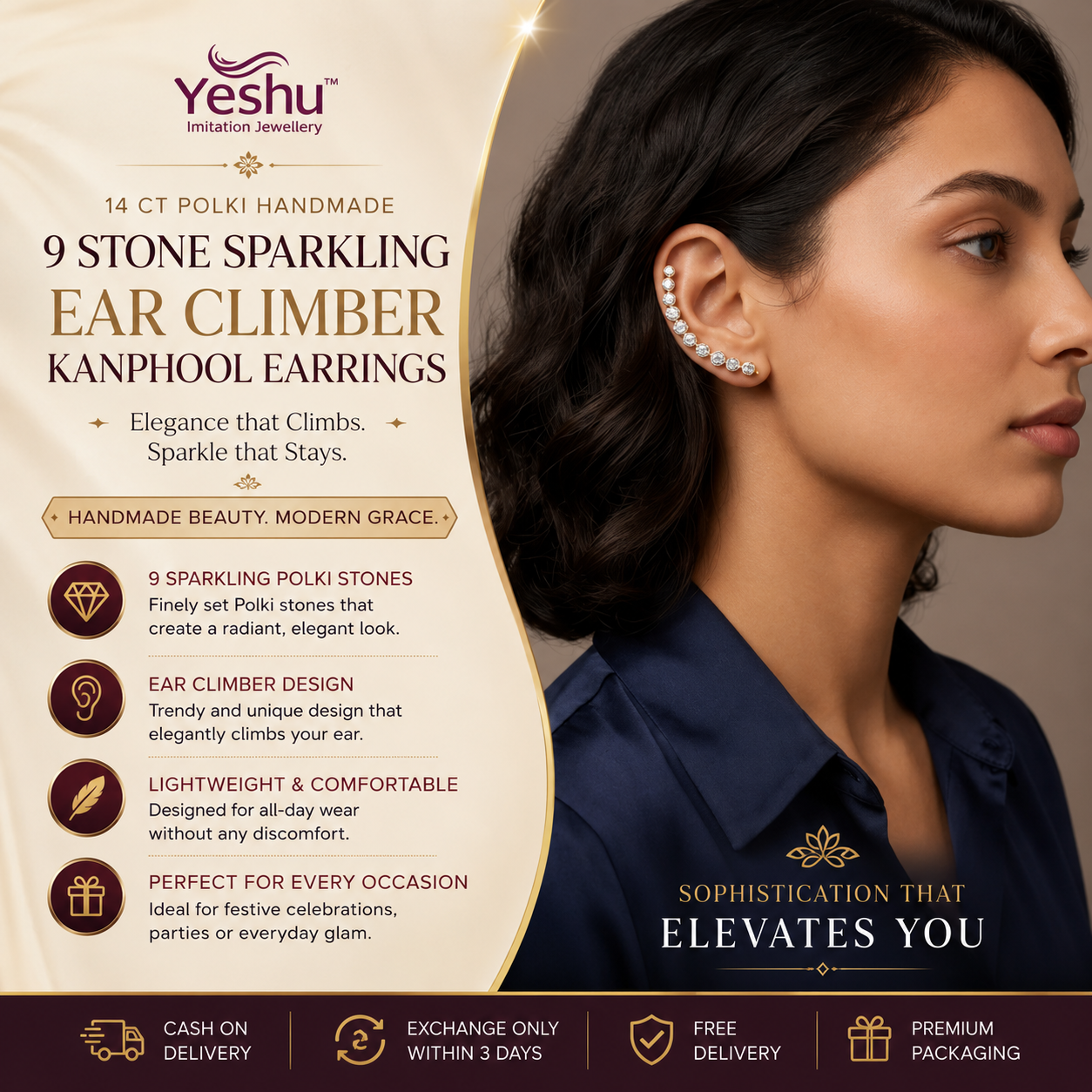 Yeshu imitation jewellery Facebook ad: Buy 14 Ct Polki Handmade 9 Stone Sparkling Ear Climber…