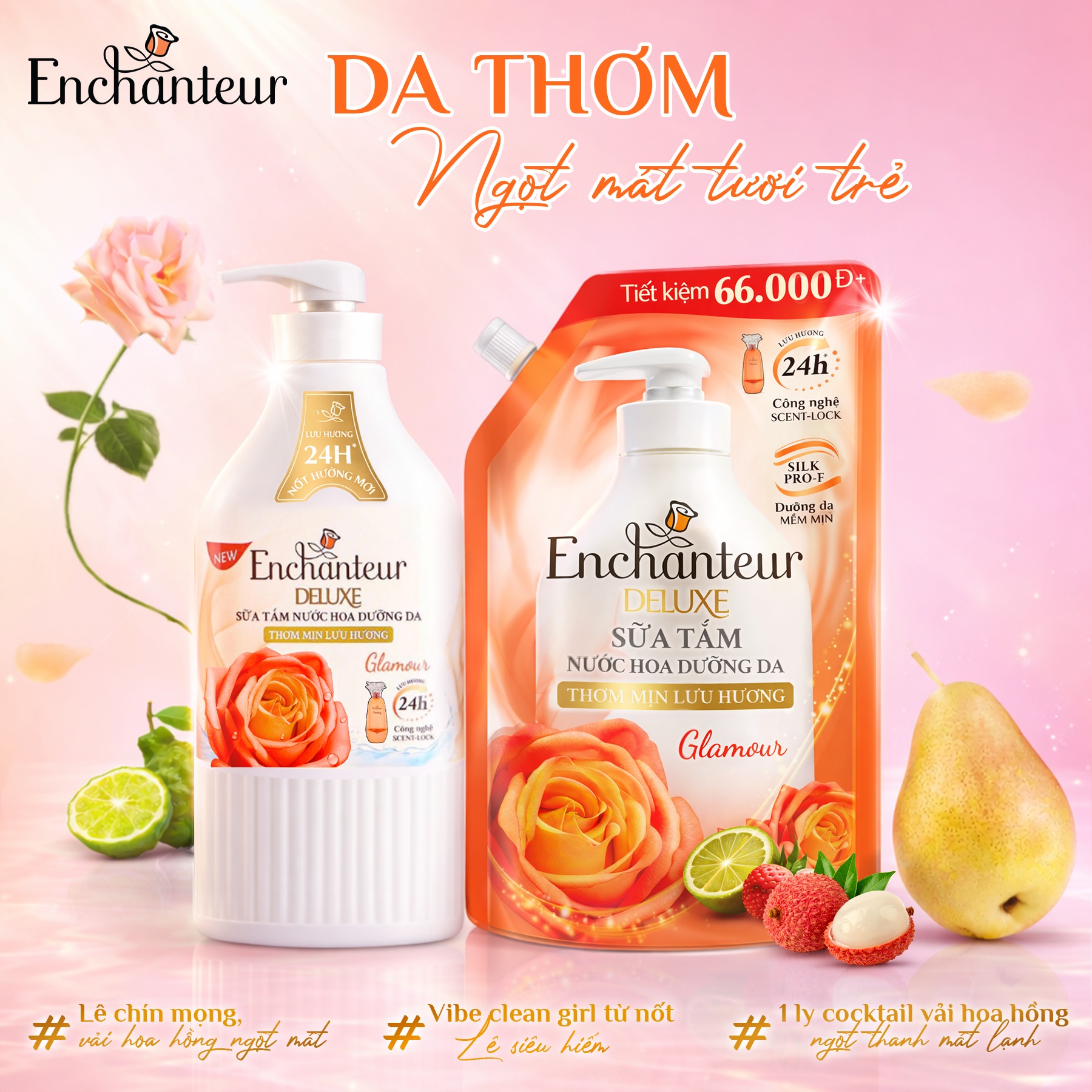 Enchanteur Facebook ad: DA THƠM NGỌT MÁT VỚI NỐT HƯƠNG GLAMOUR…