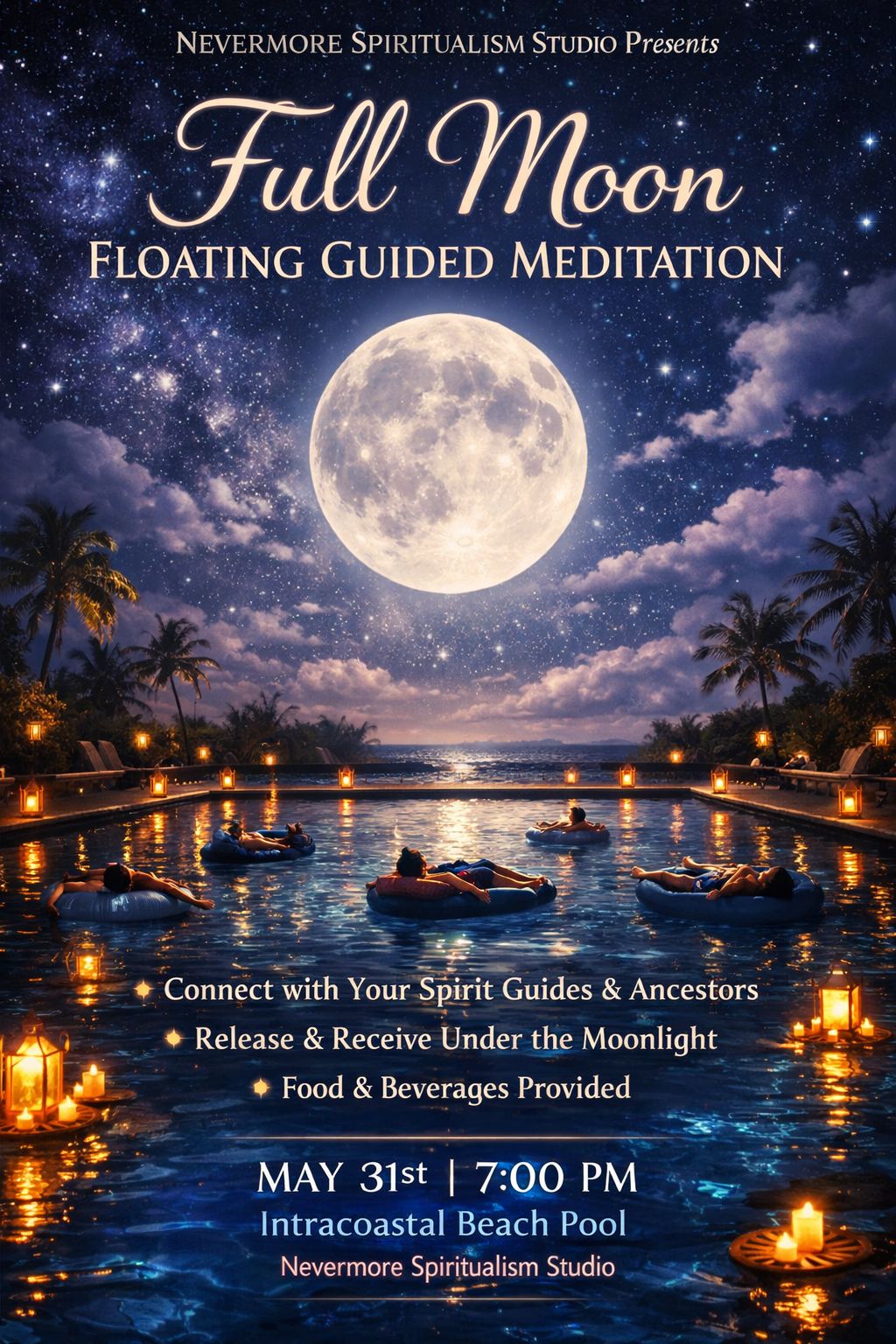 Nevermore Spiritualism Studio Facebook ad: Full Moon Floating Meditation