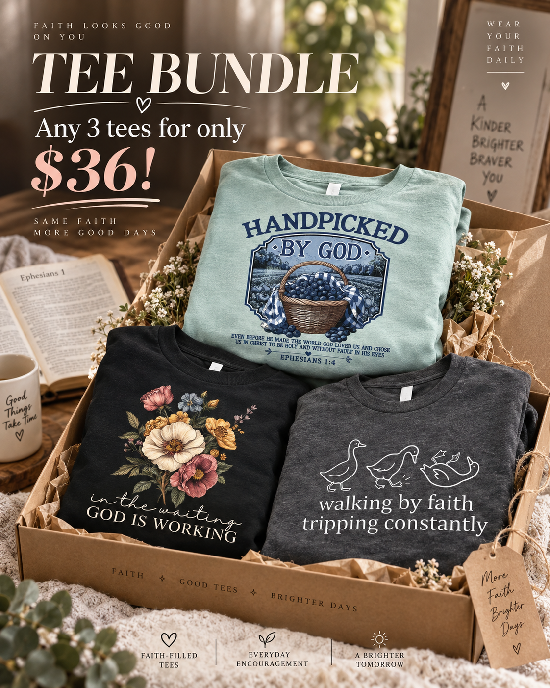 Love in Faith Facebook ad: 3 Tees. $36. Faith Never Goes Out of Style.