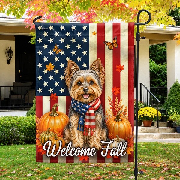 Flagwix.com Facebook ad: Yorkie love meets American fall charm!