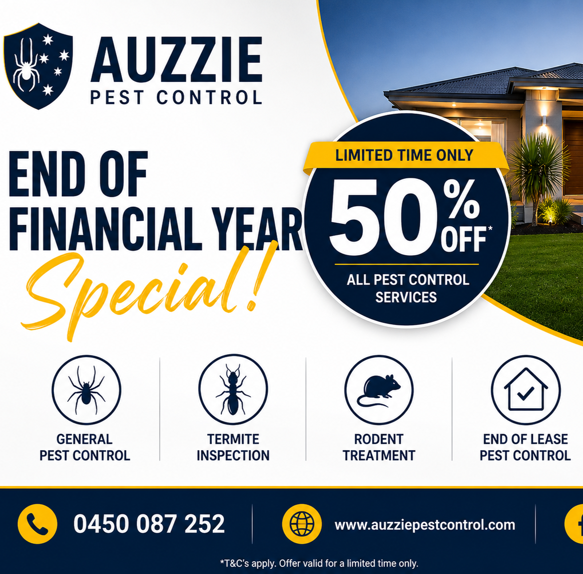 Auzzie Pest Control Facebook ad: Got Termites, ants, roaches, rats? We’ve got you.