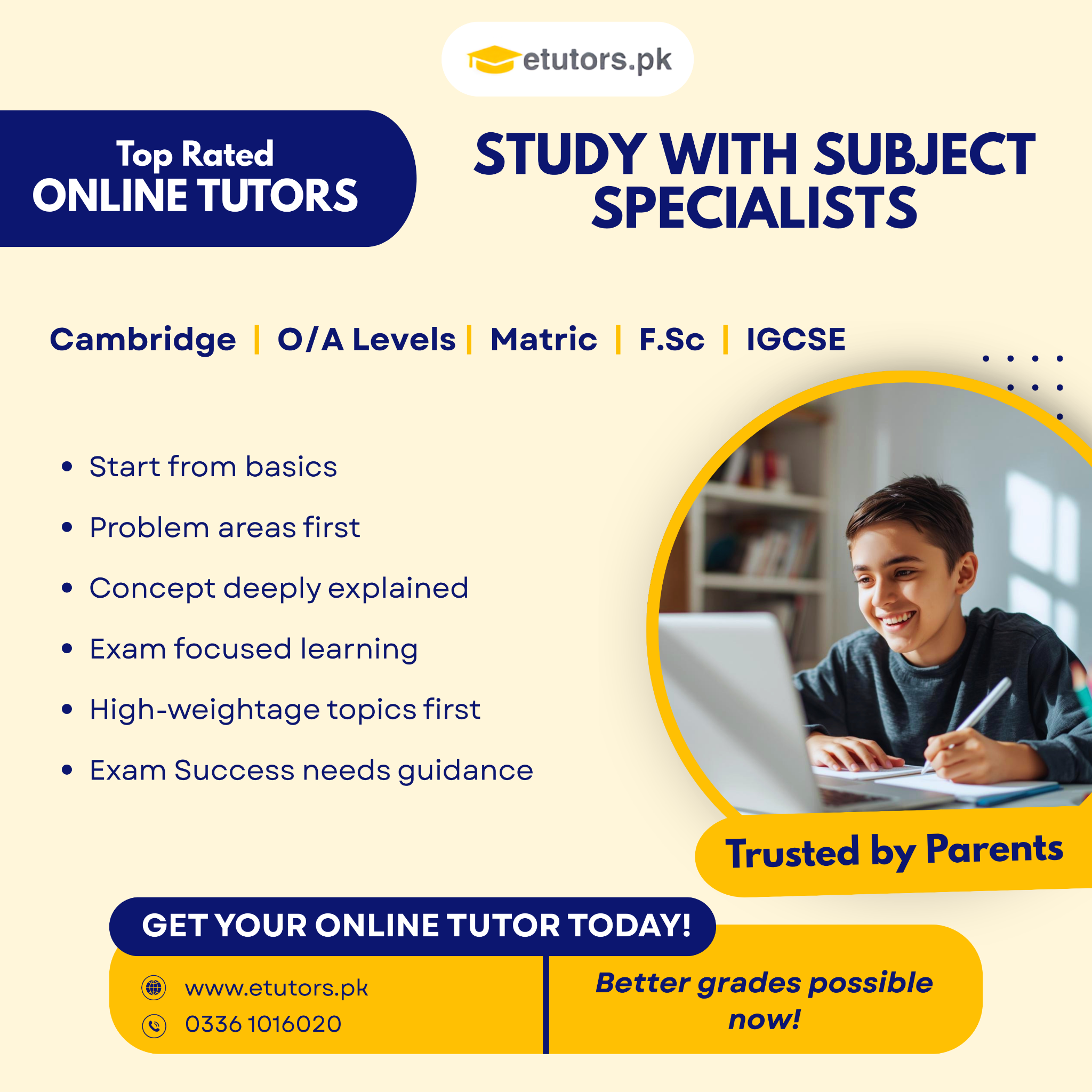 ETutors Academy Facebook ad: Weak topics fixed first