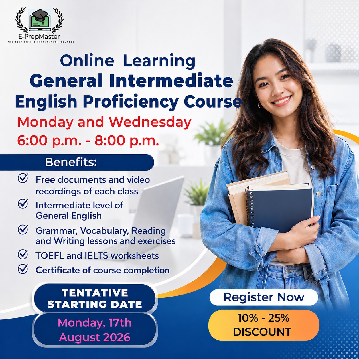 E-PrepMaster Facebook ad: NEW! ONLINE WEEKDAY EVENING GENERAL INTERMEDIATE ENGLISH…