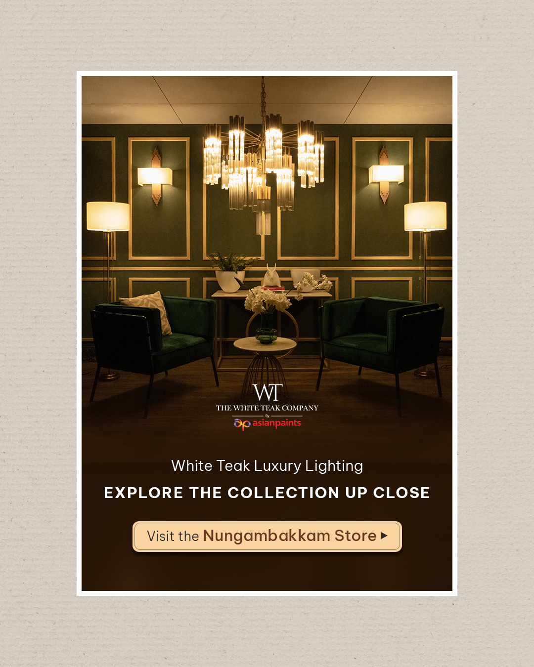 The White Teak Company Facebook ad: Luxury Lighting Showroom in Chennai