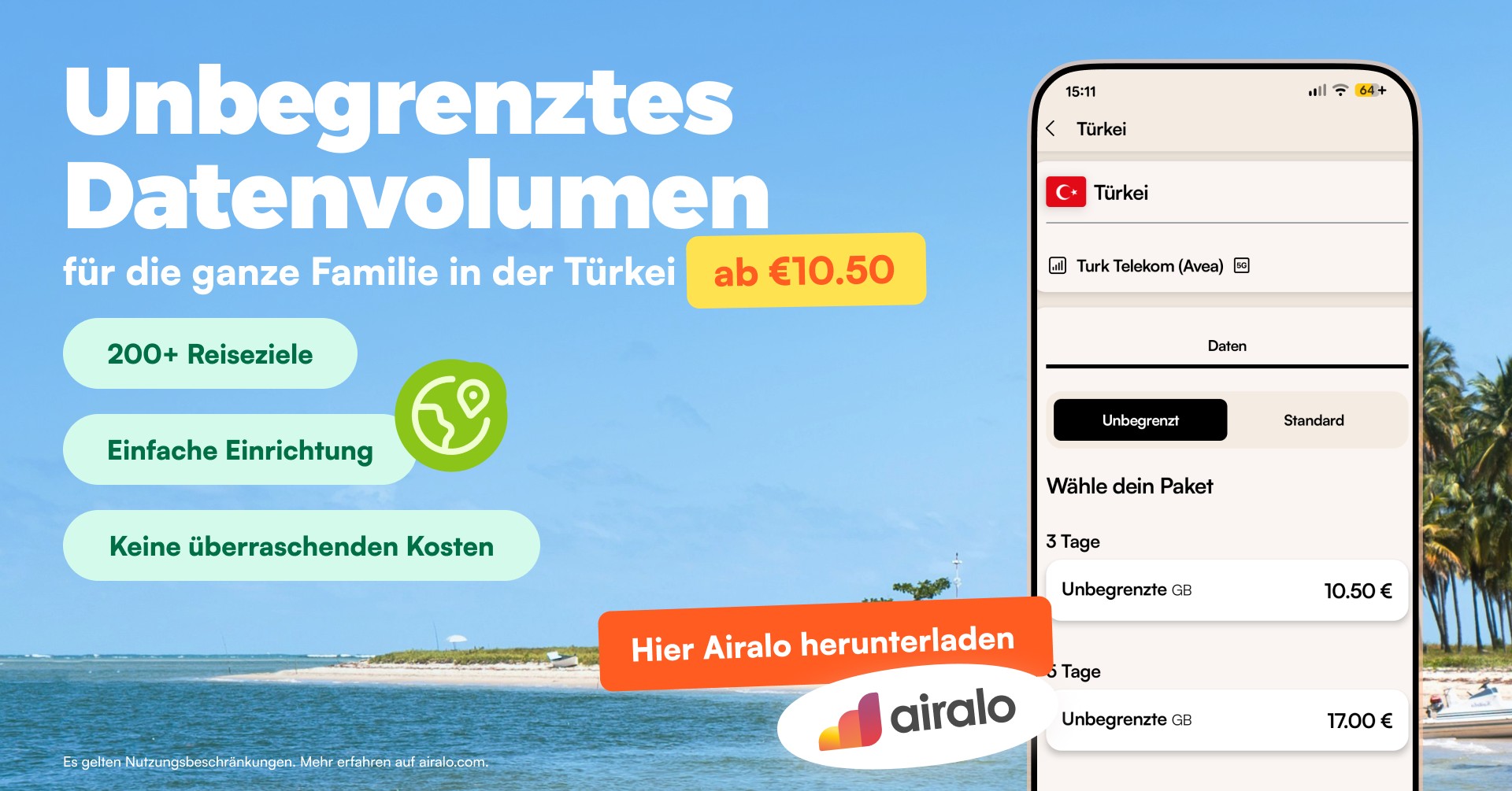 Airalo Global eSIM Store Facebook ad: Reise weiter. Bleib online.