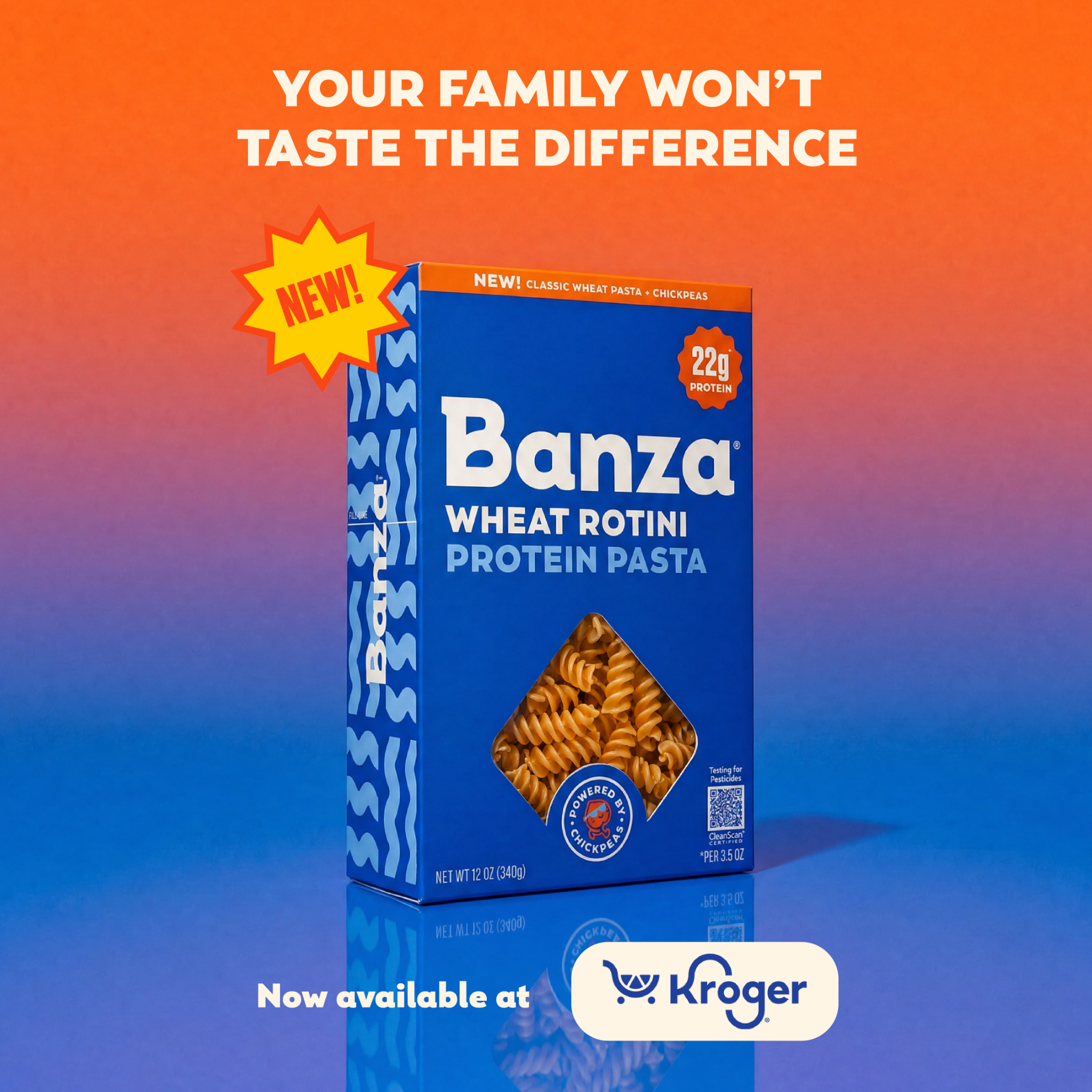 Banza Facebook ad: NEW protein pasta made from wheat and chickpeas.