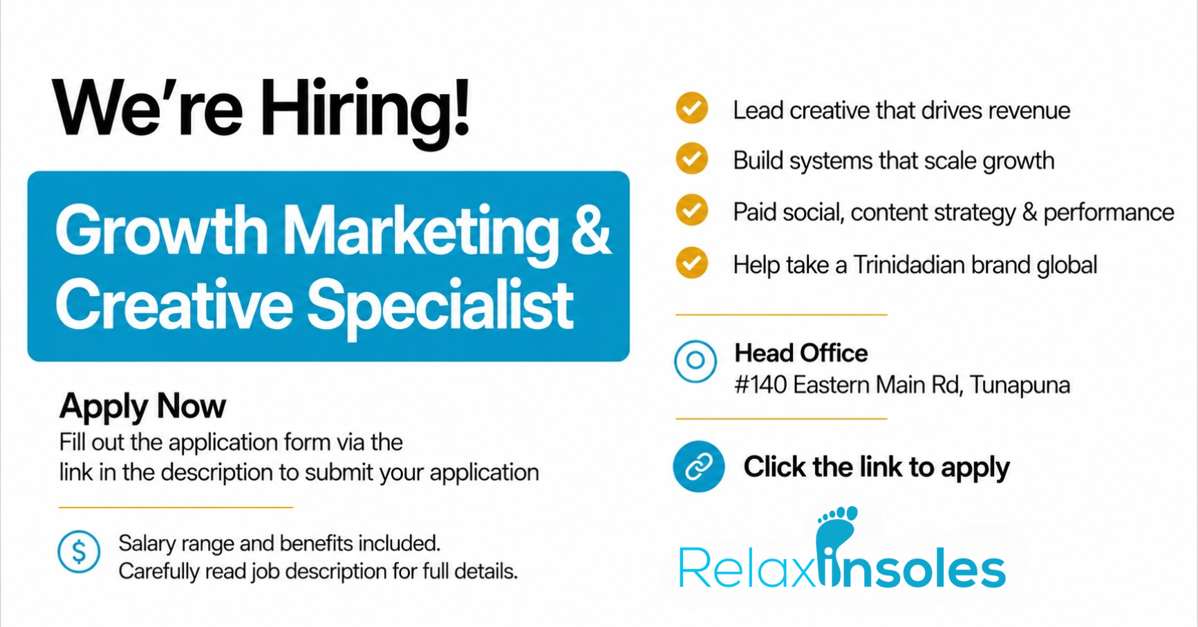Relaxinsoles Facebook ad: Build Your Career With a Growing Brand