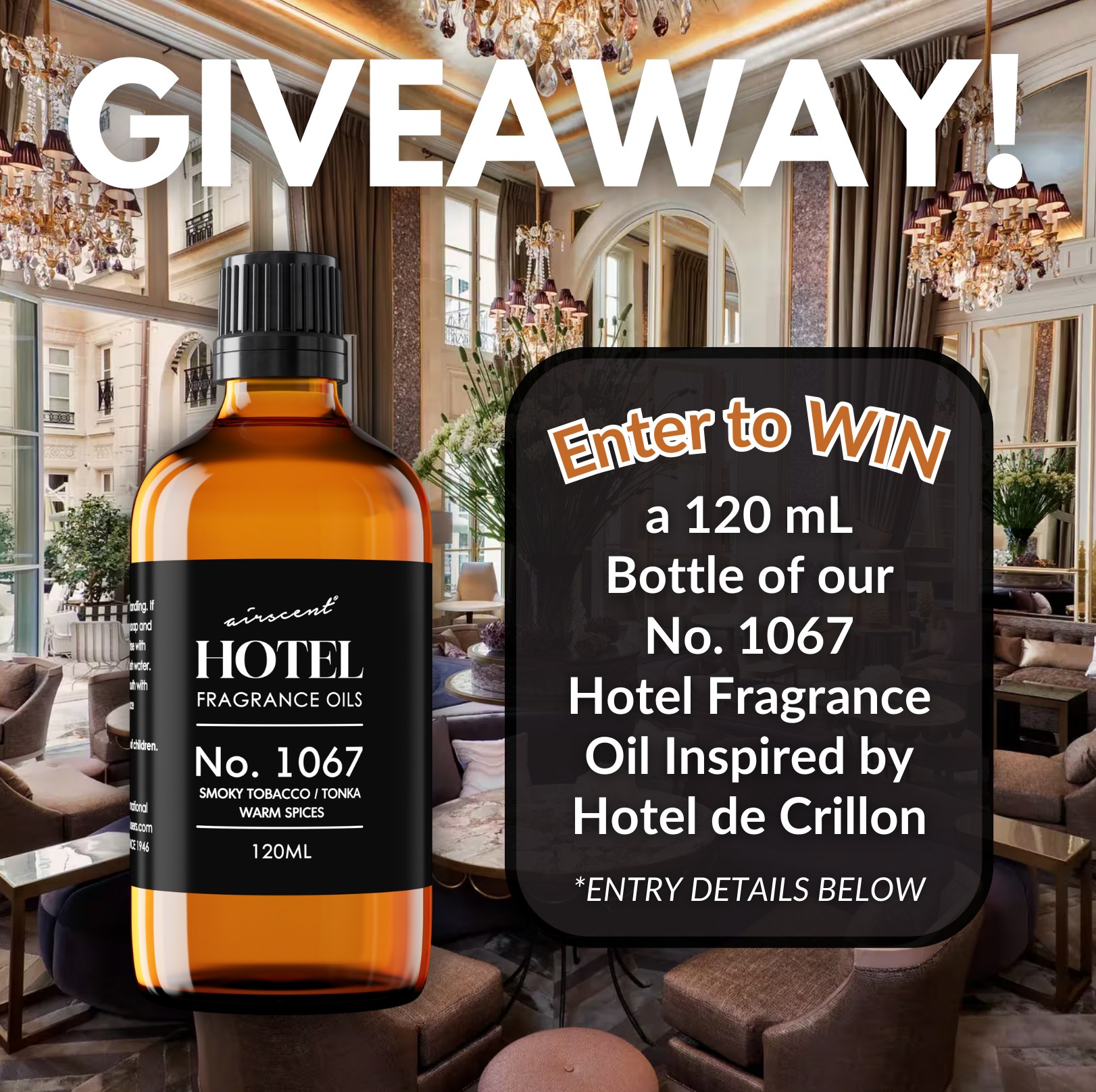 AirScent Diffusers Facebook ad: HOTEL DE CRILLON FRAGRANCE GIVEAWAY!