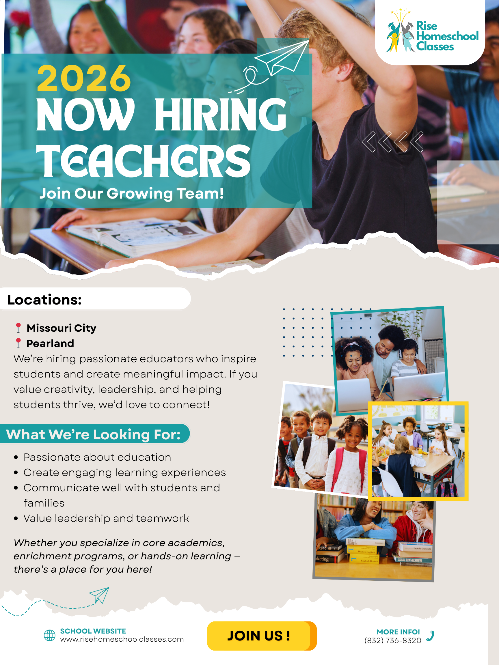 Rise Homeschool Classes Facebook ad: Fall 2026 Teaching Roles