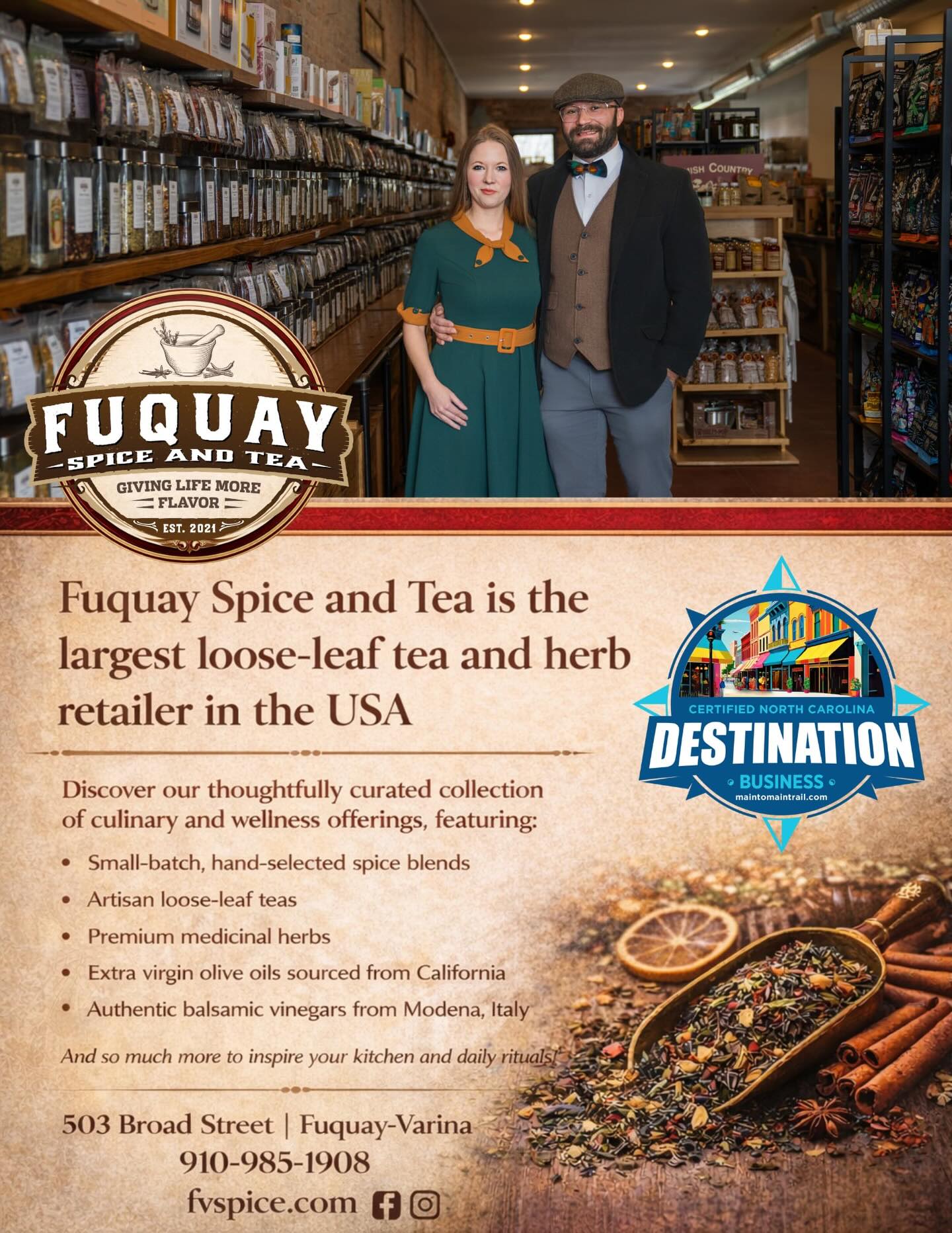 Fuquay Spice and Tea Facebook ad: From over 500 loose leaf teas and herbs…